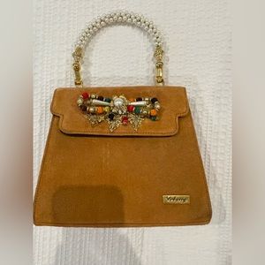 Brown suede, vintage pocketbook with pearl handle